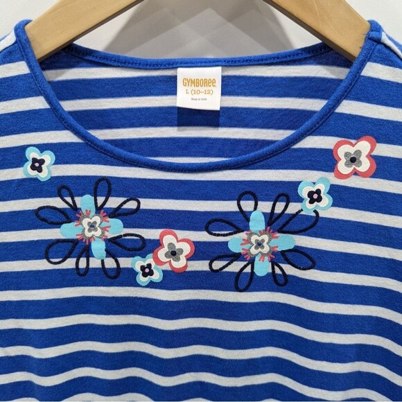 Gymboree Blue White Striped Floral Flower Cotton Long Sleeve Dress Girls Size 10 - Picture 4 of 4